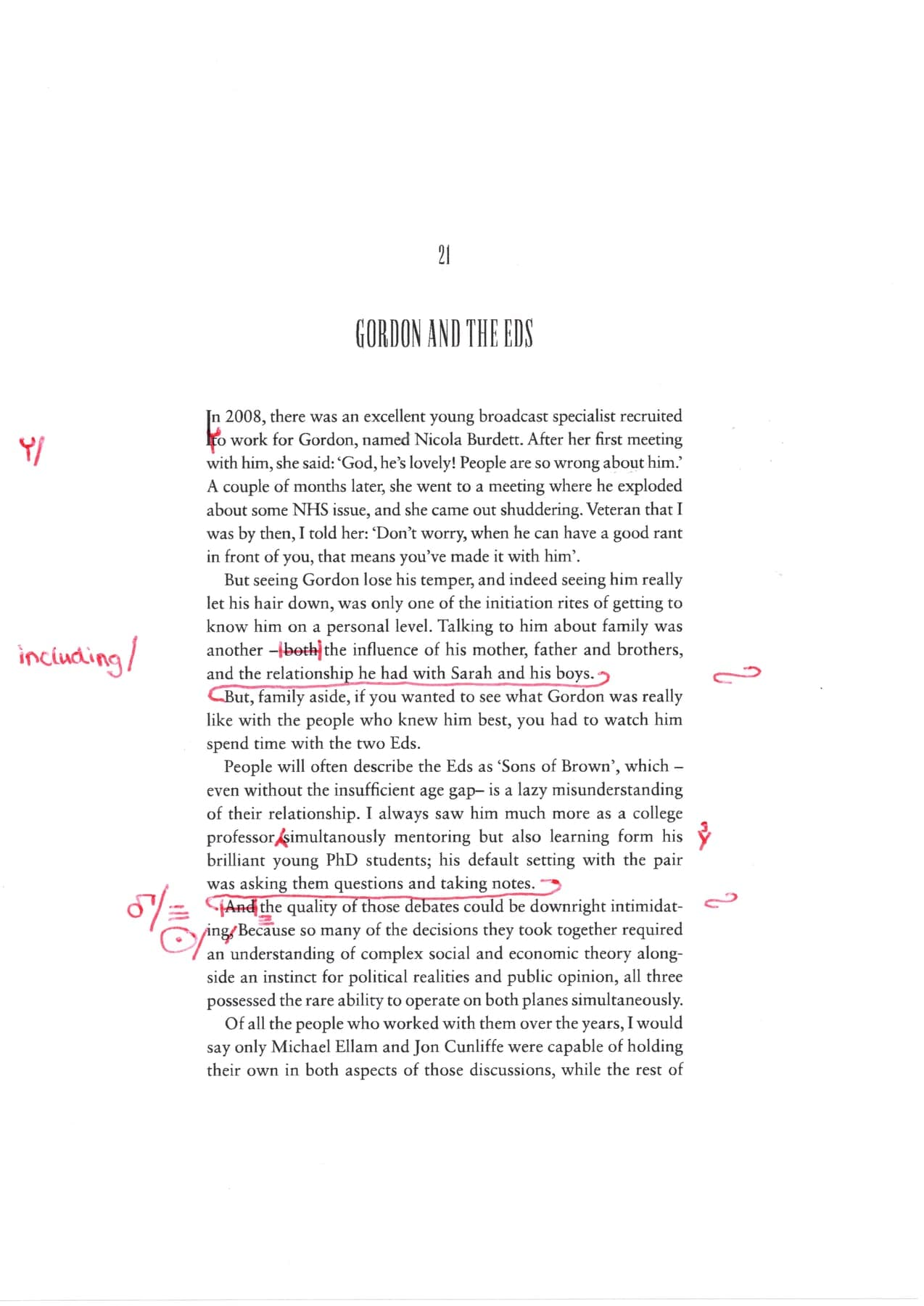 Page 1 of the hand-marked proofs for Proofreading — marked proofs, political memoir, corrected in red pen using BSI proof-correction symbols.