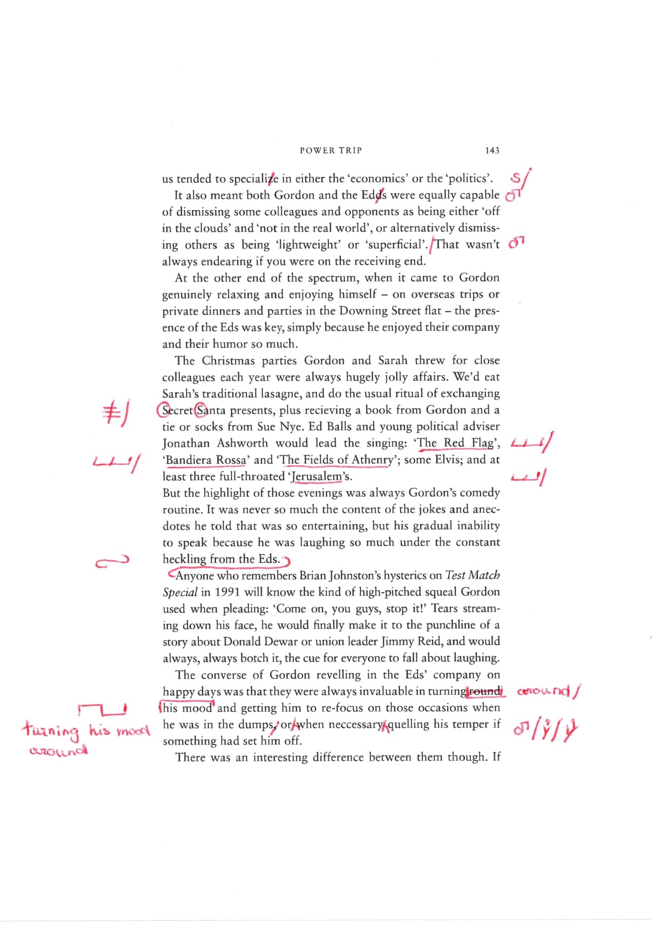 Page 2 of the hand-marked proofs for Proofreading — marked proofs, political memoir, corrected in red pen using BSI proof-correction symbols.
