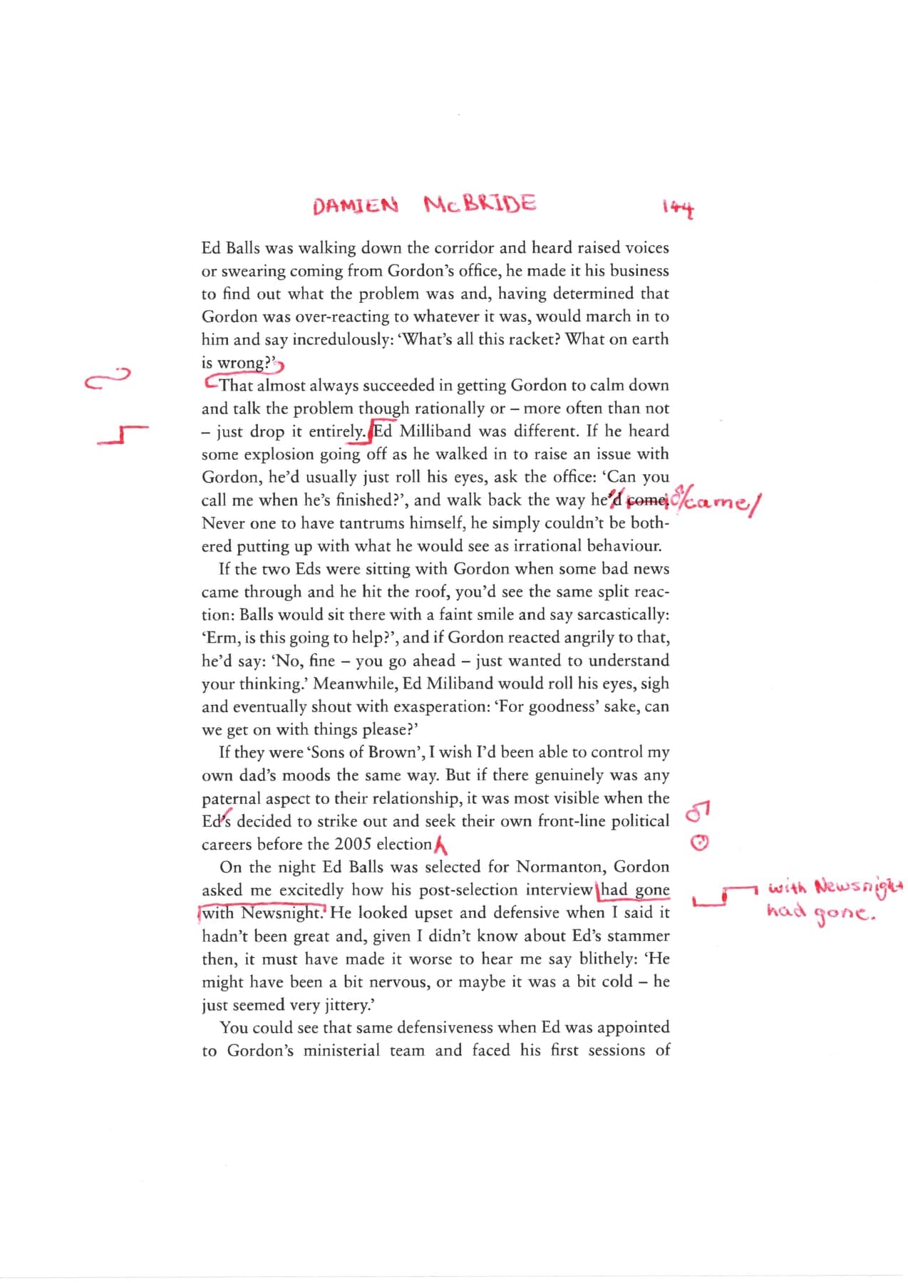 Page 3 of the hand-marked proofs for Proofreading — marked proofs, political memoir, corrected in red pen using BSI proof-correction symbols.