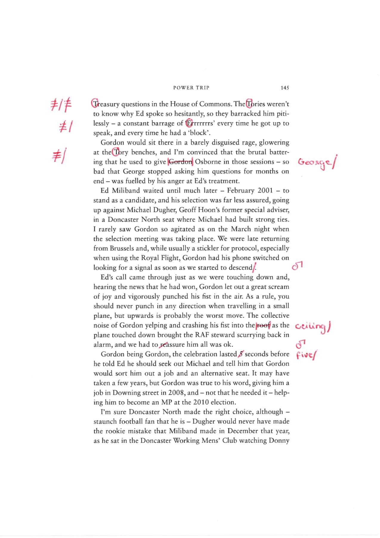 Page 4 of the hand-marked proofs for Proofreading — marked proofs, political memoir, corrected in red pen using BSI proof-correction symbols.