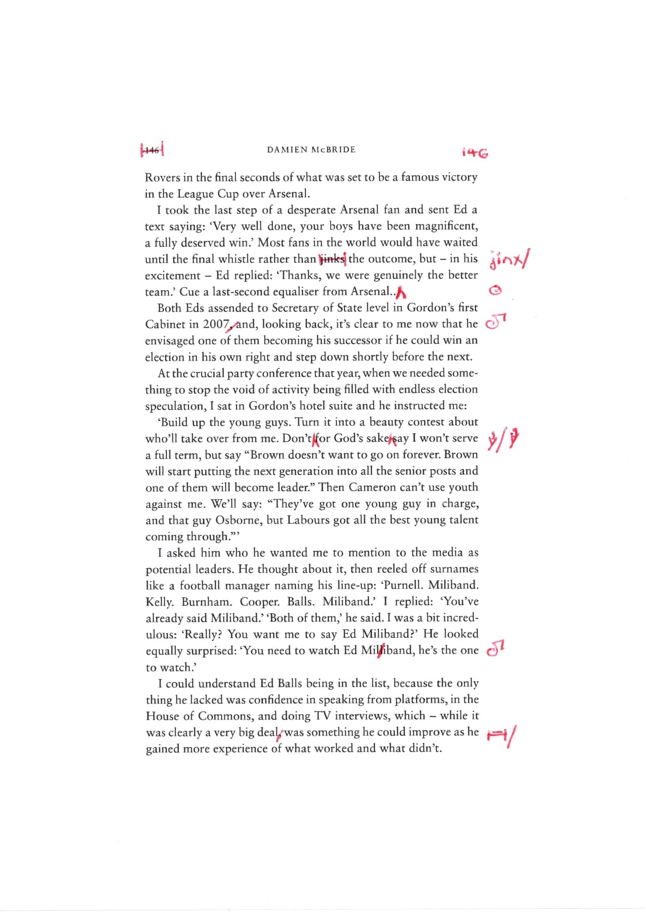 Page 5 of the hand-marked proofs for Proofreading — marked proofs, political memoir, corrected in red pen using BSI proof-correction symbols.